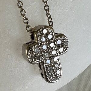 18K Gold Diamond Puffy Cross Necklace | Brilliant Pavé Pendant on 16" Chain VTG